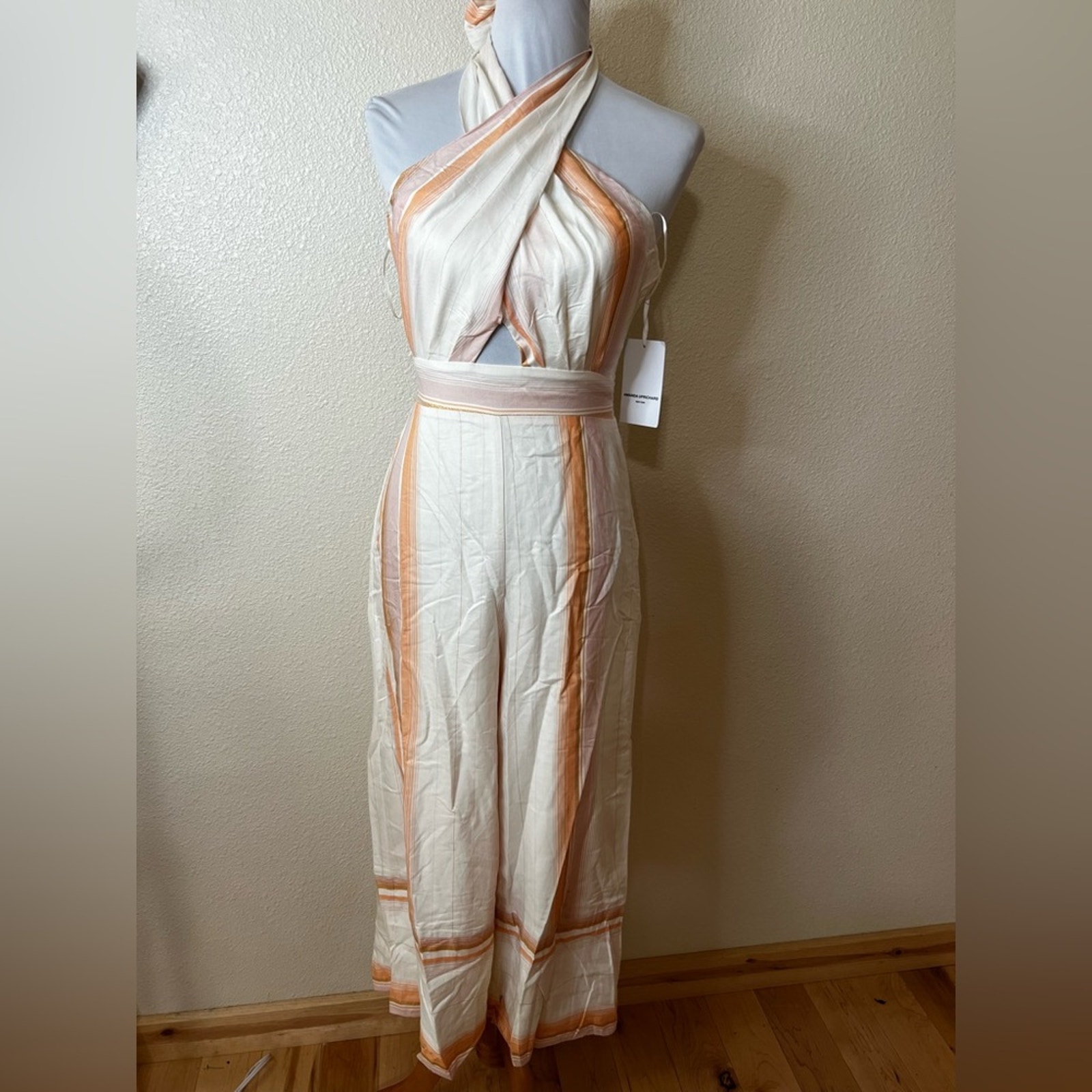 Amanda Uprichard Christie Striped Pastel Metallic Cut Out Jumpsuit New Small